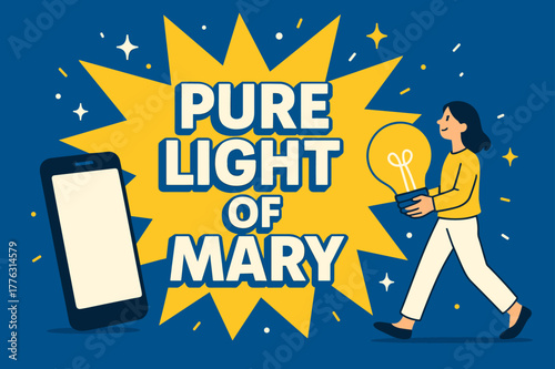 Luminous Banner Design. Pure Light of Mary banner, flat vector illustration, bold oversized text inside splash explosion banner, cartoon characters walking and