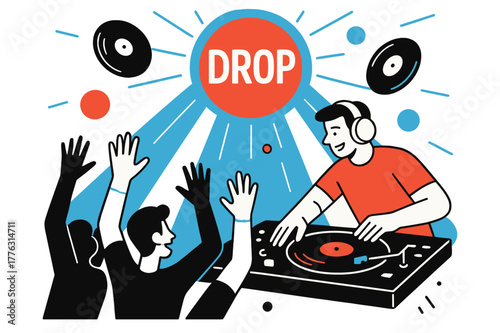 Vinyl Vibes. DJ turntable ? Crowd energy. Audience silhouettes lift hands as light beams radiate; vinyl disks orbit like planets. A floating word ?DROP? glows