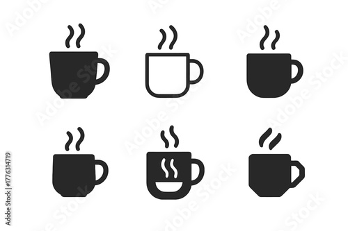 Cozy Corner Logos. Setting up a cozy corner with comfy seating for casual chats. Set Logo of cozy corner: steaming mug of tea. Icon set. harmonious logo
