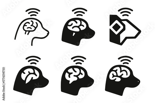 Animal Consciousness Logos. Exploring the consciousness of animals. Set Logo of exploring the consciousness of animals: animal brain with thought waves. Icon
