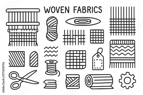 Woven Fabric Doodles. Woven fabrics. Hand-drawn doodle illustration woven fabrics loom, yarn, shuttle, warp threads, pattern grid, scissors, spool, stripe