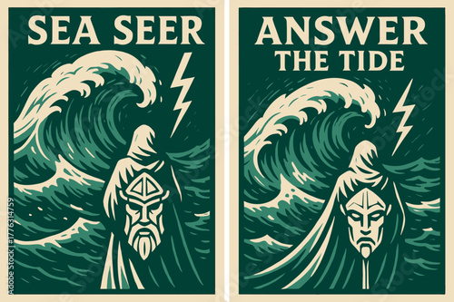 Storm-Edge Seer Banners. Storm-Edge Seer. Two vertical A6 banners with safe margins, centered composition, no elements touching edges, bold, emerald and ivory,