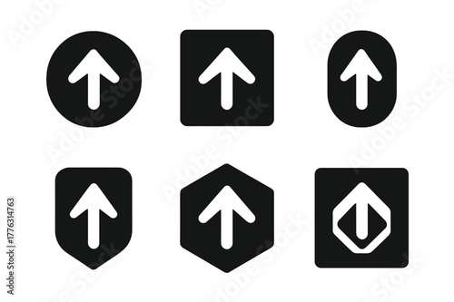 Geometric Elevator Button Logos. Push. Set Logo of Elevator Button: Filled silhouette, Abstract geometric, Negative space, Flat solid, Symmetrical form,