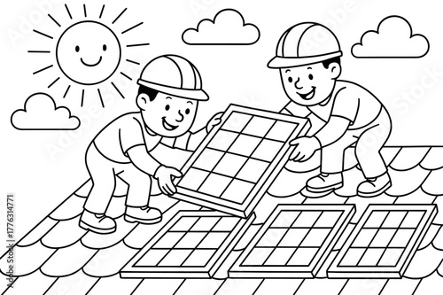 Solar Panel Coloring Fun. Solar panel installations children?s coloring book illustration, outlined drawing, smiling workers placing solar panels on a sunny