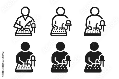 Hands-On Experiment Logos. Students participating in hands-on experiments. Icon set. Set Logo of students participating in hands-on experiments: breadboard