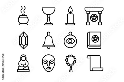 Ritual Artifact Symbols. Ritual artifacts. Line outline icon set of ritual artifacts: incense burner, chalice,