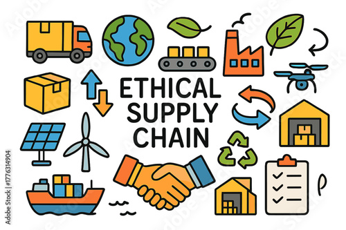 Ethical Supply Chain Doodles. ethical supply chain. Colorful Hand-drawn doodle Children illustration ethical supply chain truck, cargo box, globe, factory,