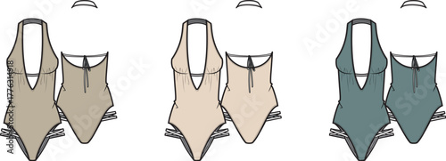 Set of three fashionable one-piece swimsuits with v-neck and zippered front, displayed in neutral and teal tones