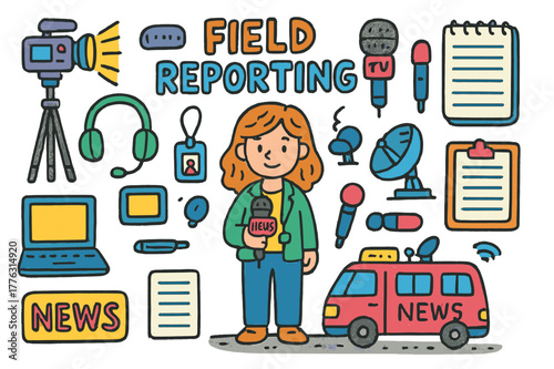 Field Reporting Doodle. field reporting. Colorful Hand-drawn doodle Children illustration field reporting reporter, camera, microphone, tripod, notebook, press