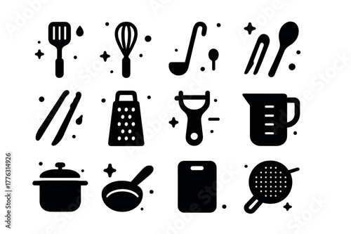 Black Cooking Utensils Grid. Cooking Utensils. Solid icons set of Cooking Utensils: spatula, whisk, ladle, wooden spoon, tongs, grater, peeler, measuring cup,