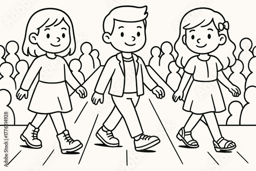 Kids Fashion Runway. Fashion runway shoes children?s coloring book illustration, outlined drawing, models