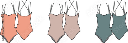 Vector illustration set of a women's one-piece swimsuit technical flat, a design concept featuring strappy back details for apparel mockups