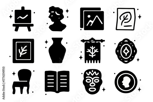 Art Icons Grid. Art categories. Solid icons set of Art categories: painting canvas, sculpture bust, photograph print, drawing sketch, printmaking plate,