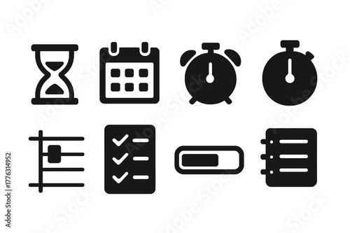 Time Management Icons. Time management. Filled icon set of time management: hourglass, calendar, alarm clock,