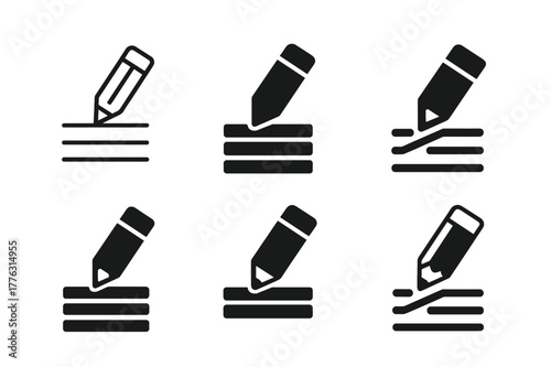 Handwriting Logo Variations. Handwriting practice worksheet. Set Logo of Handwriting practice worksheet: pencil writing on lined paper. Icon set. harmonious