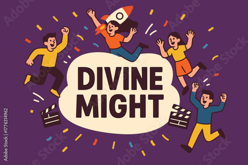 Divine Might Celebration Banner. Divine might banner, flat vector illustration, bold oversized text inside rounded blob, cartoon characters jumping and waving