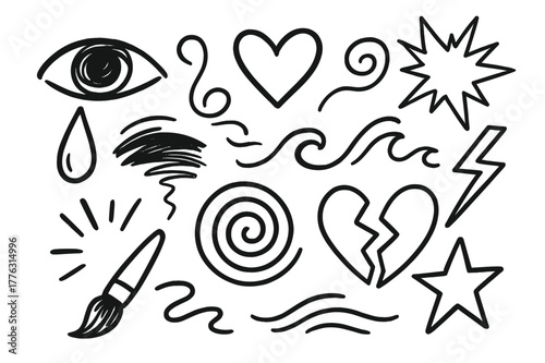 Emotional Doodle Symbols. Emotional art. Hand-drawn doodle illustration emotional art eye, tear, heart, swirling line, brush, paint stroke, wave, explosion,