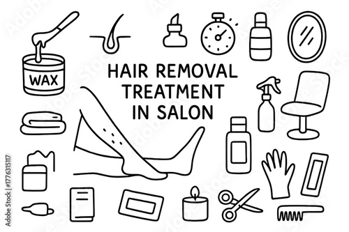 Salon Hair Removal Doodles. Hair removal treatment in salon. Hand-drawn doodle illustration Hair removal treatment in salon waxing pot, spatula, wax strip,