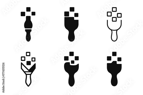 Artistic Logo Variations. Creating digital art and graphic design. Set Logo of Creating digital art and graphic design: paintbrush and pixel block fusion. Icon