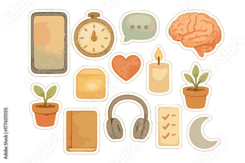 Watercolor Mindfulness Stickers. Mindfulness app icons. Realistic hand-painted watercolor style sticker sheet