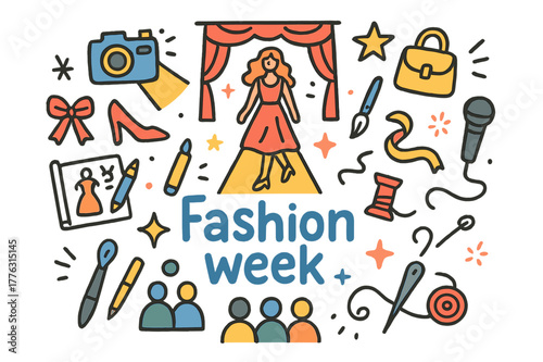 Colorful Fashion Week Doodles. Fashion week. Hand-drawn doodle illustration of fashion week. Runway, audience,