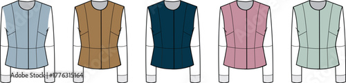 Fashion design template of a women's quilted gilet with a stand collar and cinched waist, presented in a variety of colorways