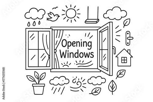 Opening Windows Doodle. Opening Windows. Hand-drawn doodle illustration of opening windows. Window frame,
