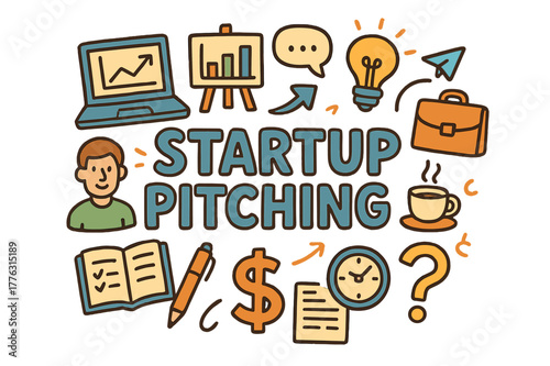 Startup Pitch Doodles. Startup Pitching. Hand-drawn doodle illustration of startup pitching. Laptop, charts,