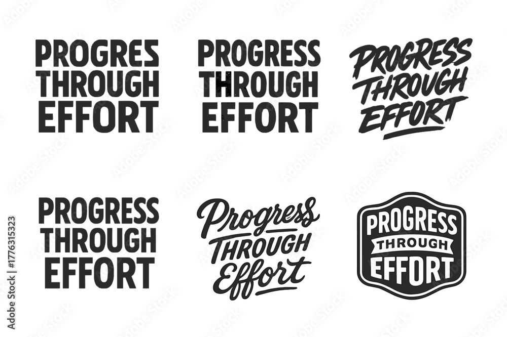 Fototapeta premium Creative Lettering Styles. Progress through effort. Set lettering. harmonious lettering variations of the same emblematic concept, each with different artistic