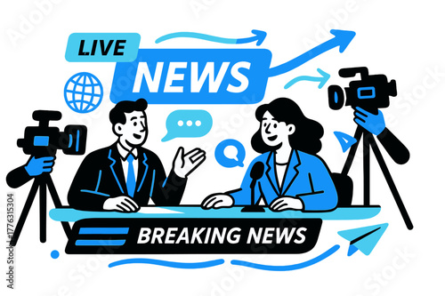 Dynamic News Broadcast. Broadcasting live. Anchors in front of cameras, glowing headlines and news tickers