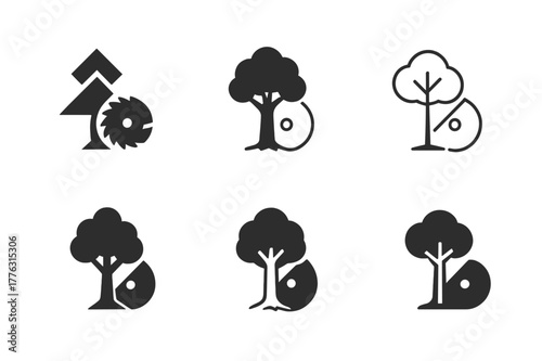 Deforestation Logos Grid. Deforestation. Set Logo of deforestation: tree being cut by saw blade. Icon set. harmonious logo variations of the same emblematic