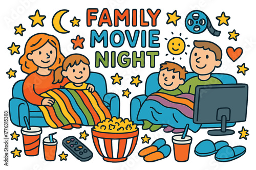 Family Movie Fun. Family movie night. Colorful Hand-drawn doodle Children illustration Family movie night popcorn bowl, TV screen, couch, blanket, remote