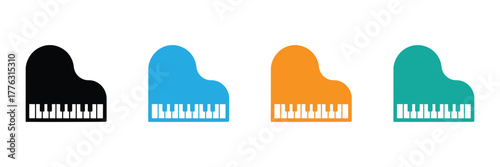 Captivating set of stylized grand piano icons in bold, modern colors. Instantly add a touch of musical sophistication to your designs, perfect for education, branding, or creative projects.