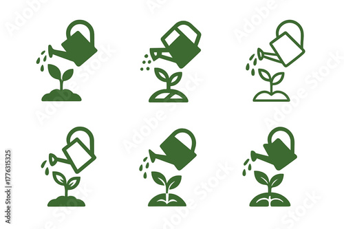 Organic Farming Logos. Organic farming. Set Logo of organic farming: watering can nurturing seedling. Icon set. harmonious logo variations of the