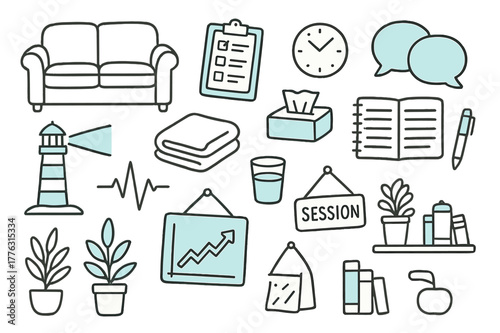 Couples Therapy Icons. Couples therapy & support. Hand-drawn doodle illustration couples therapy & support [sofa (accented), therapist clipboard (accented),