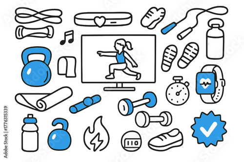 Home Fitness Icons. // Home fitness & guided workouts. Hand-drawn doodle illustration home fitness & guided workouts [smart TV class screen (accented),