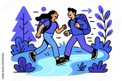 Vibrant Hiking Adventure. Hiking together. A couple walking on a glowing trail through a stylized forest,