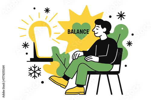 Seasonal Light Balance. Seasonal Light Therapy. A person sits beside a bright lamp; sunlight shapes overlap with heart icons labeled ?Balance.? Snowflakes