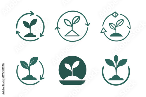 Photosynthesis Icon Set. How plants make their food. Icon set. Set Logo of how plants make their food: photosynthesis cycle arrows. harmonious logo variations