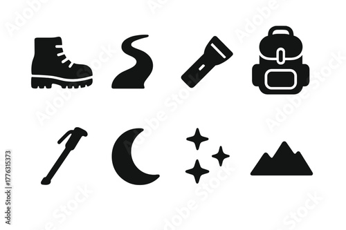 Night Hiking Icon Set. Night hiking. Filled icon set of night hiking: hiking boots, trail, flashlight,