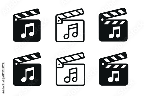 Reels TikTok Logo Variations. Reels and TikTok storyboard. Icon set. Set Logo of reels and TikTok storyboard: clapperboard with music note. harmonious logo
