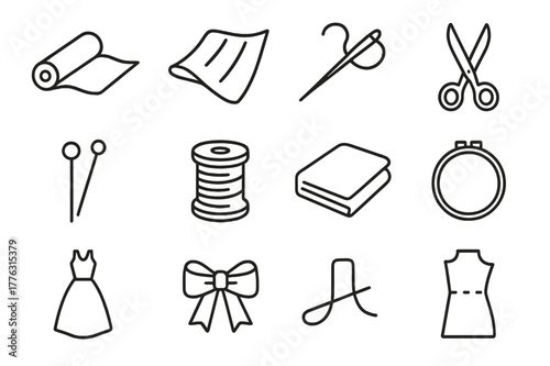 Organza Icon Set. Organza material. Line icon set of organza material: fabric roll, sheer cloth, sewing needle, thread, scissors, pin, spool of thread, folded