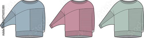 Collection of three casual long-sleeved sweaters in various pastel colors, featuring a relaxed fit and modern color-block design, perfect for fashion design templates or garment mock-ups