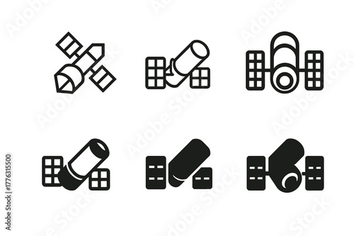 Space Telescope Logos. space telescopes. Set Logo of space telescopes: orbital telescope with solar panels. Icon set. harmonious logo variations of the same