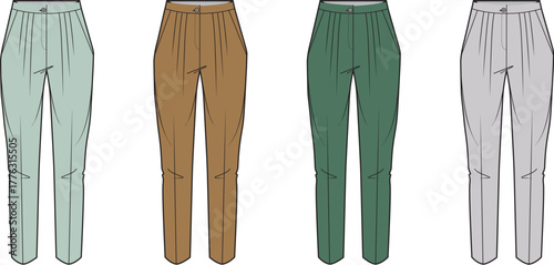 Four stylish, relaxed-fit trousers in various colors mint green, tan, dark green, and grey
