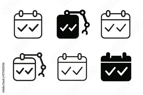 Automated Calendar Icons. Workplace automation. Set Logo of Workplace automation: automated calendar with checkmarks. Icon set. harmonious logo variations of