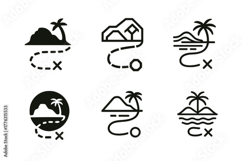 Smuggler's Route Logos. Smuggler?s route. Set Logo of Smuggler?s route: dashed line to hidden cove. harmonious logo variations of the same emblematic concept,