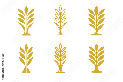 Wheat Logo Variations. A field of golden wheat swaying in the breeze. Set Logo of a field of golden wheat swaying in the breeze: sheaf of wheat bundle. Icon