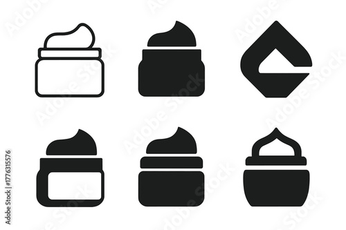 Hair Treatment Logos. Hair treatment mask. Set Logo of hair treatment mask: jar with creamy texture. Icon set. harmonious logo variations of the same