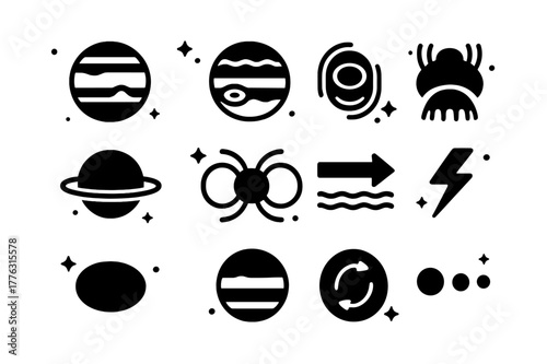 Jupiter Icons Grid. Jupiter. Solid icons set of Jupiter: planet globe, banded clouds, Great Red Spot, polar aurora, thin ring, magnetosphere lines, jet stream